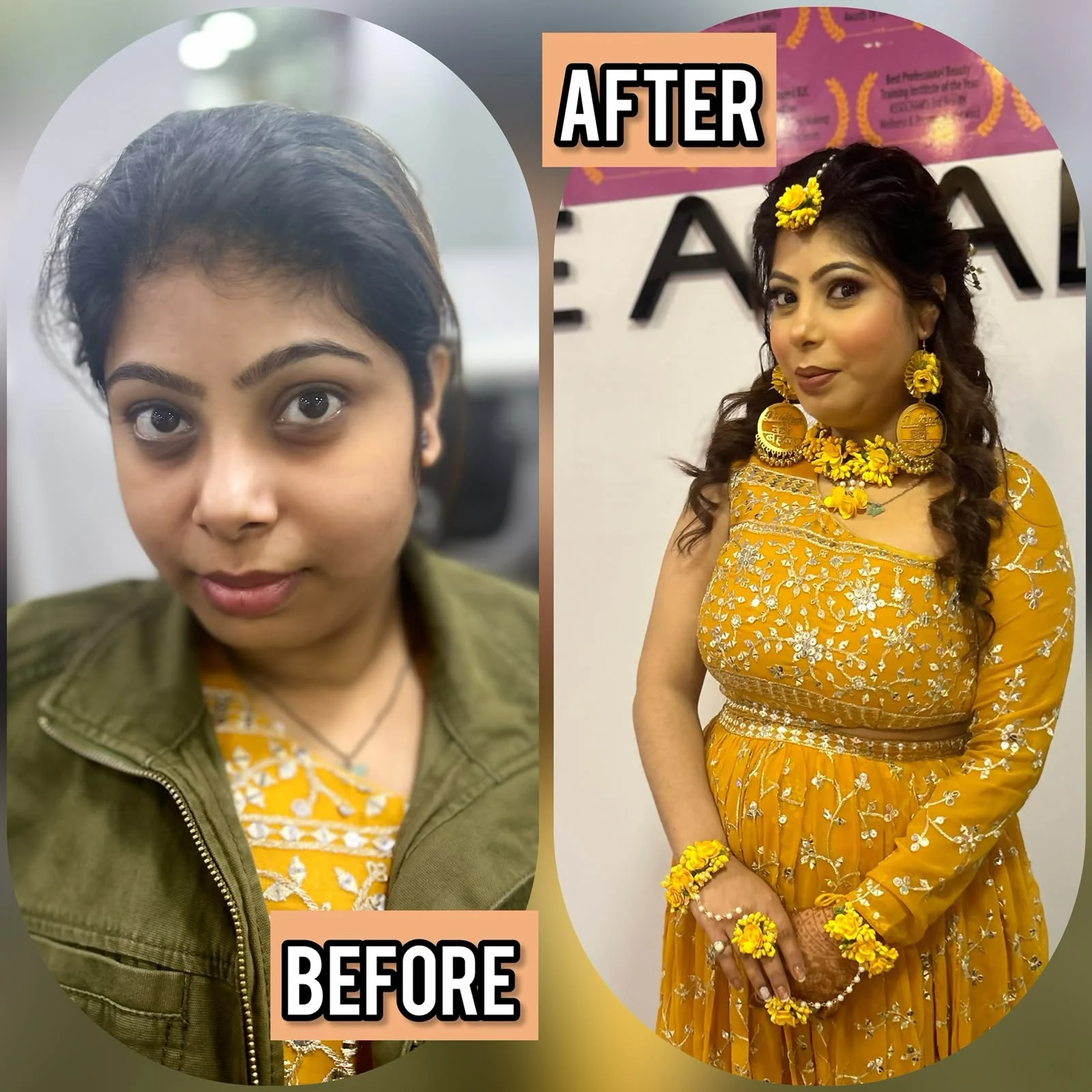 Before and after Haldi ceremony makeover with floral jewellery and radiant festive makeup