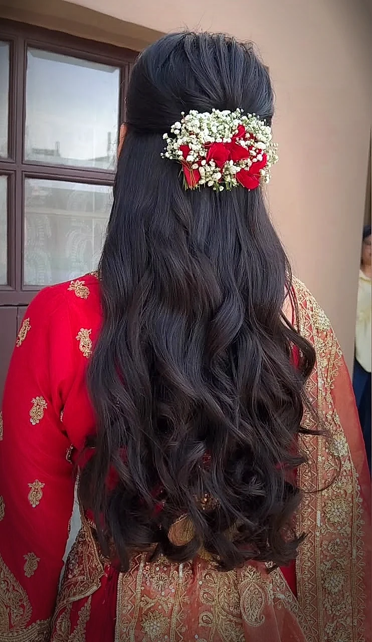 Fresh red roses and baby breath bridal open hairstyle by Glamour Guru
