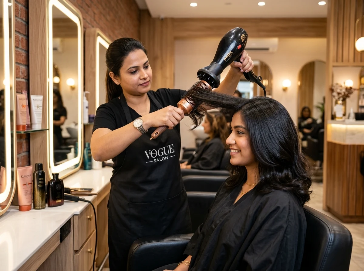 Women’s haircut and blow dry styling by professional female stylist